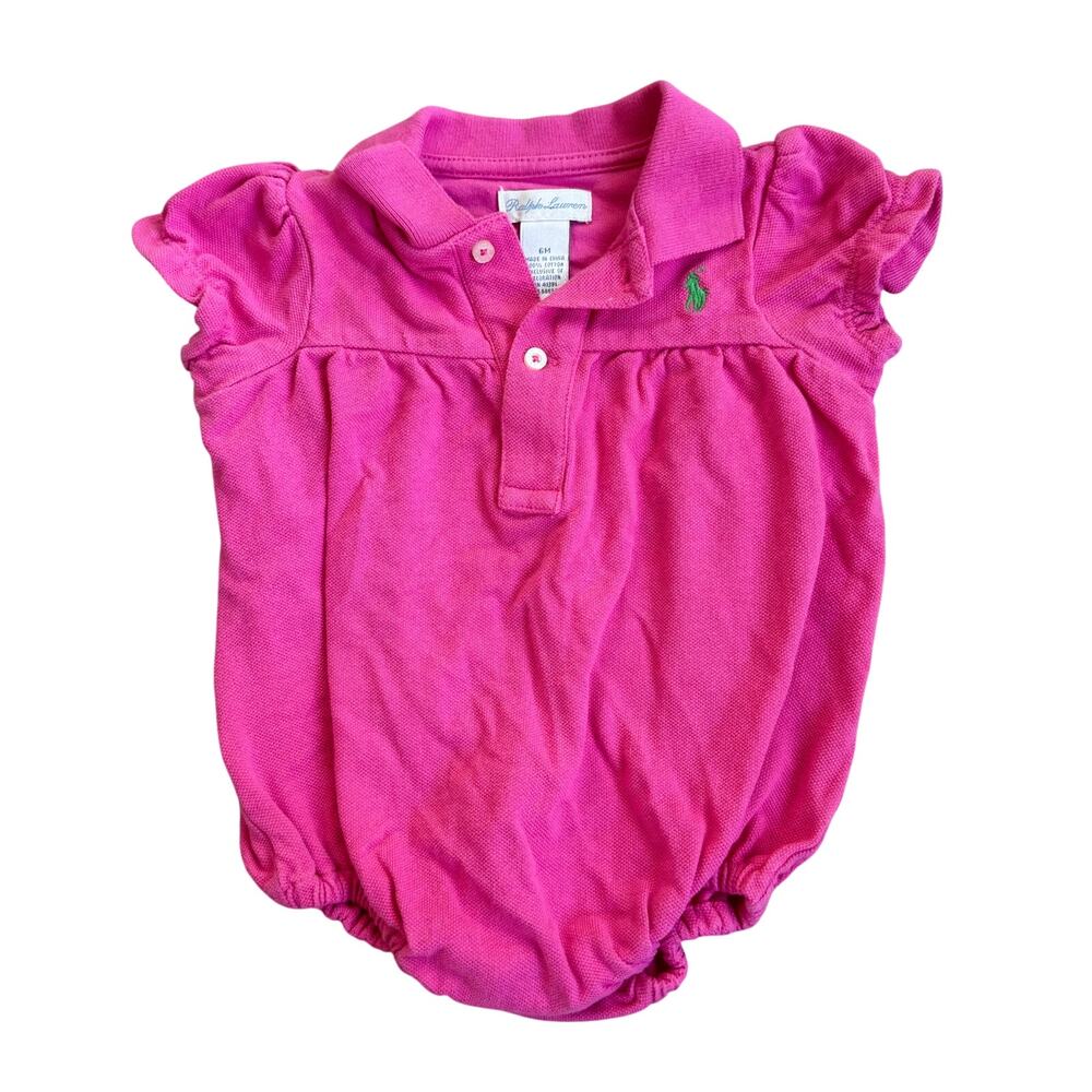 Vtg Ralph Lauren Infant Girls Pink/Green Logo Polo Romper Size 6M
